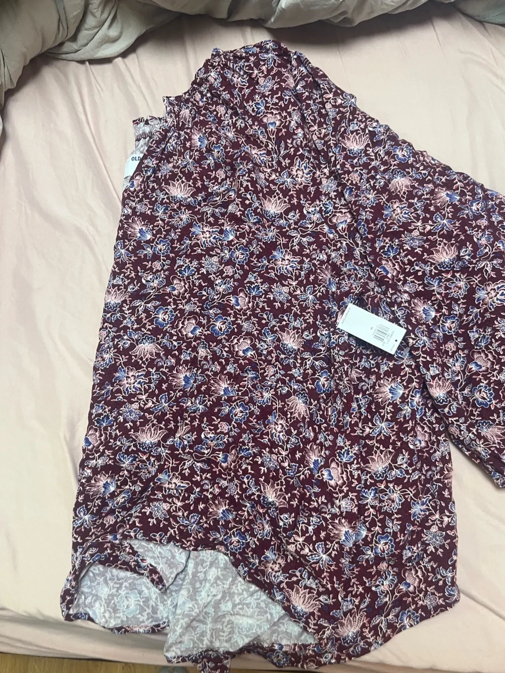 Old Navy Burgundy Floral V-Neck Blouse with Blue and Cream Accents puff sleeve